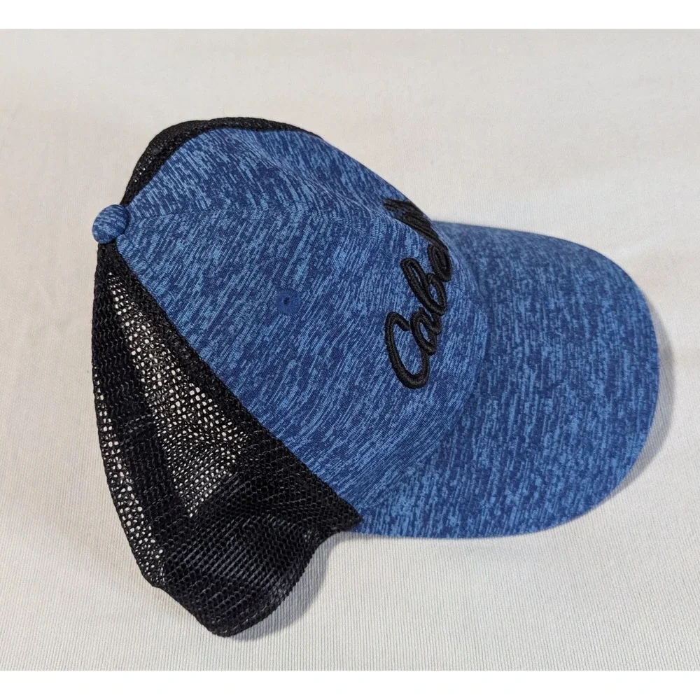 Cabelas Hat Mens OSFM Blue Heathered Black Mesh Snapback Trucker Cap Script Logo